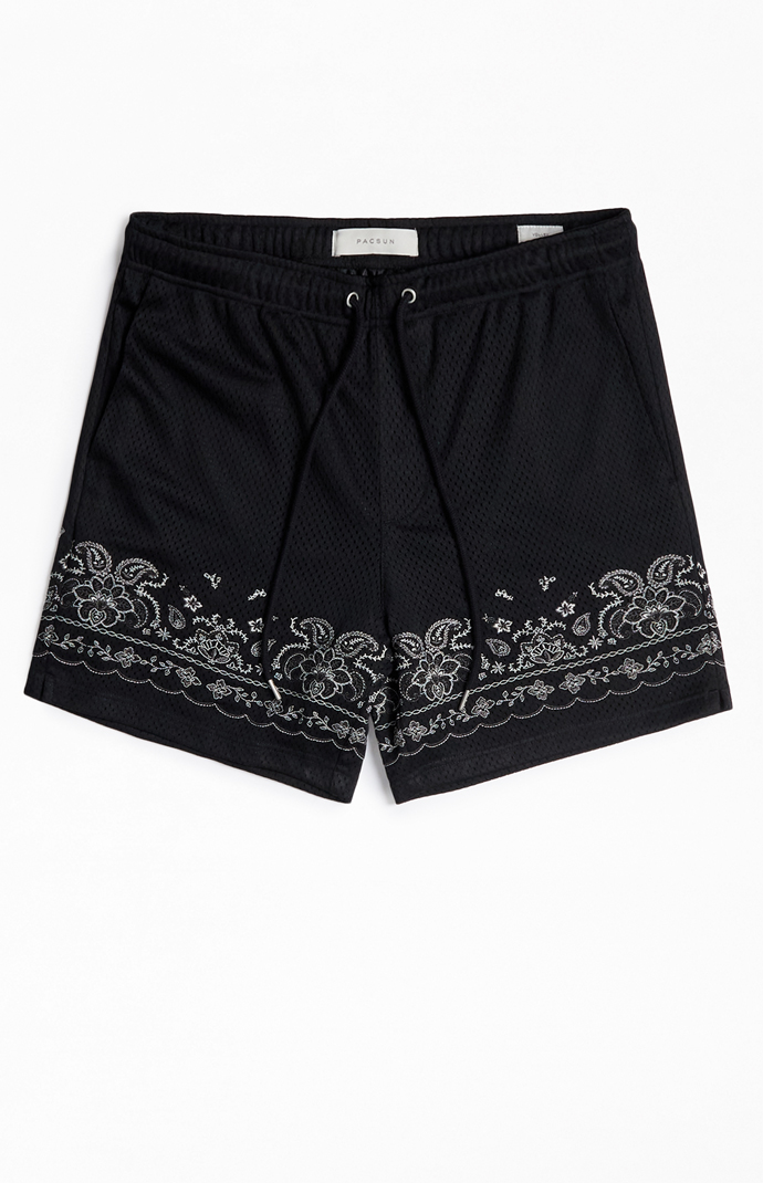 Pacsun Black Aaron Paisley Embroidered Mesh Volley Shorts