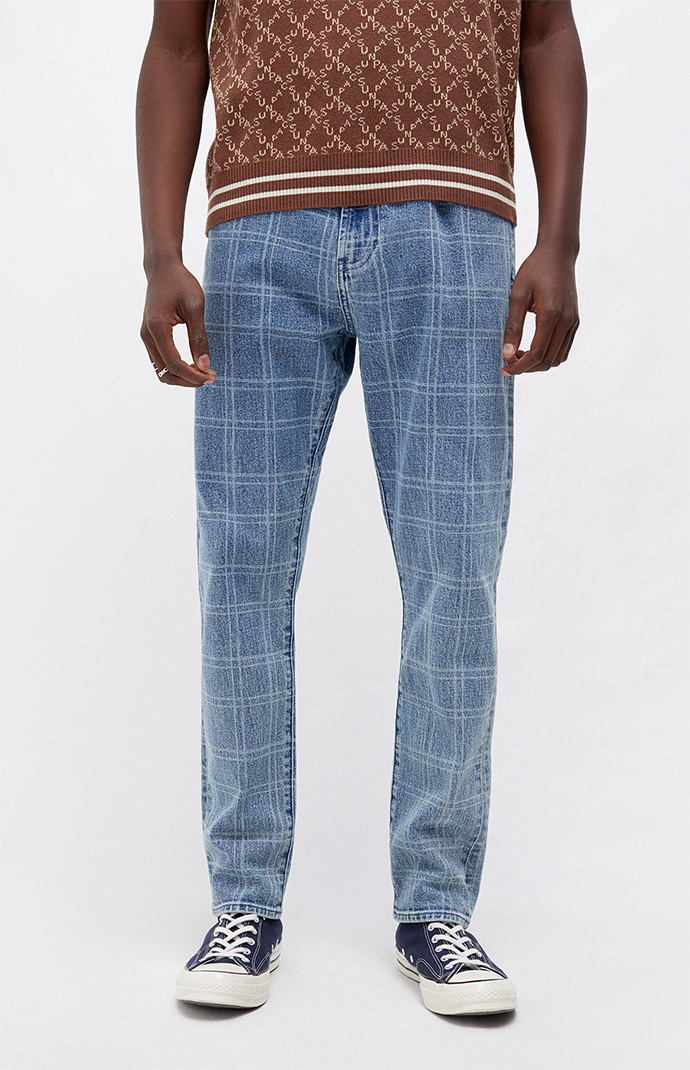Medium Indigo Plaid Slim Taper Jeans