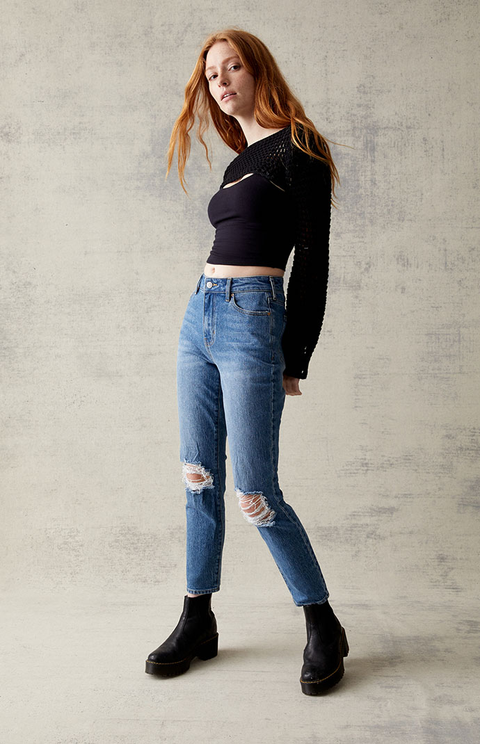 PacSun Eco Dark Blue Stretch Ripped Mom Jeans PacSun