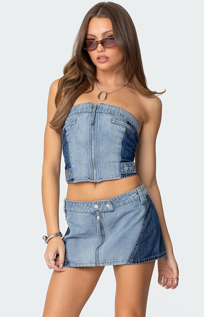 Edikted Reni Contrast Denim Zip Up Corset | Pacsun