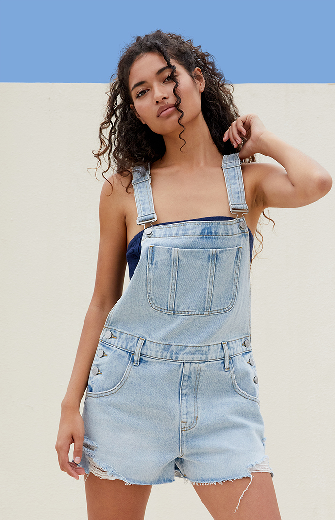 PacSun Light Indigo Denim Short Overalls PacSun