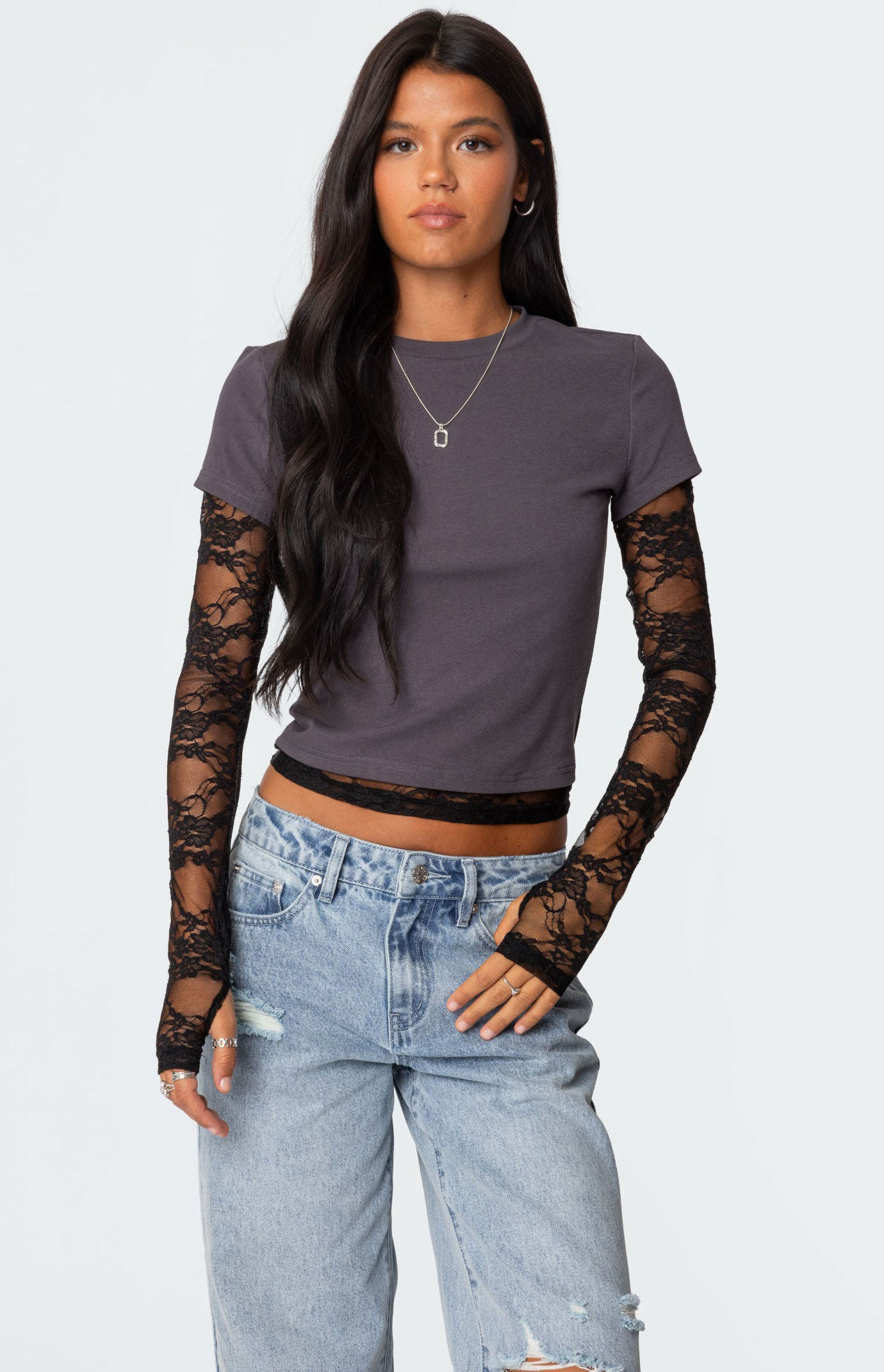 Edikted Layered Lace Sleeve T-Shirt | Pacsun