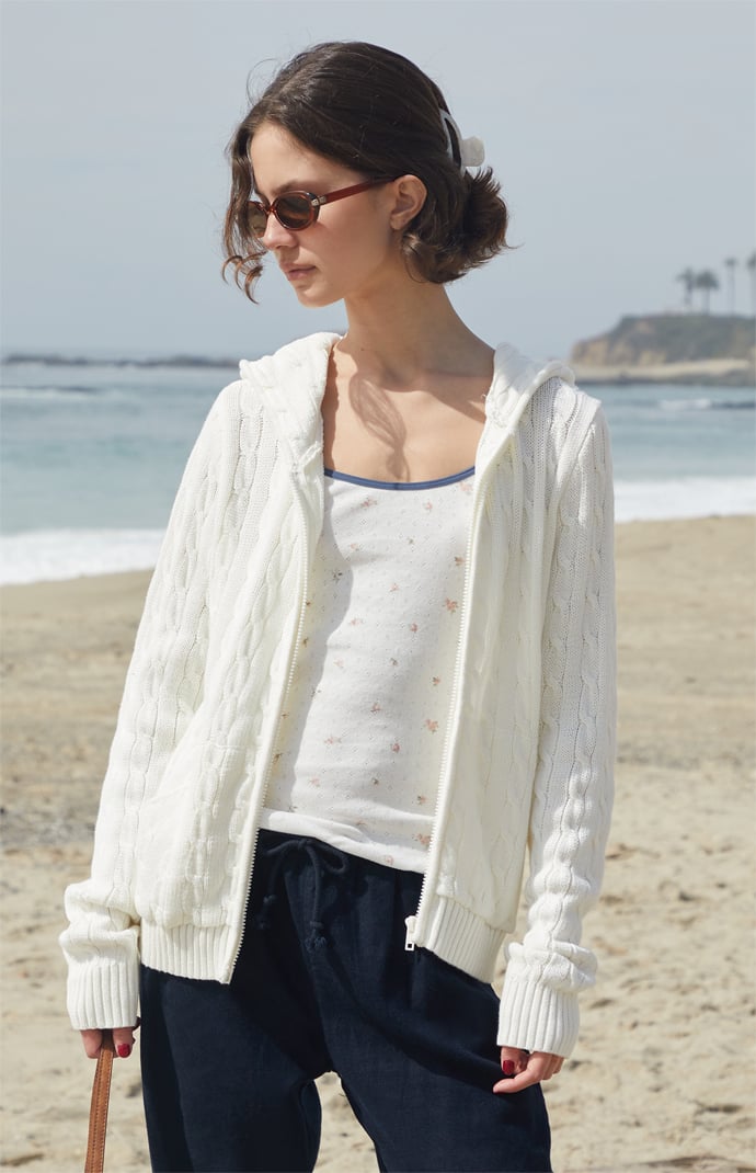 John Galt White Cable Knit Zip Up Hooded Sweater | Pacsun