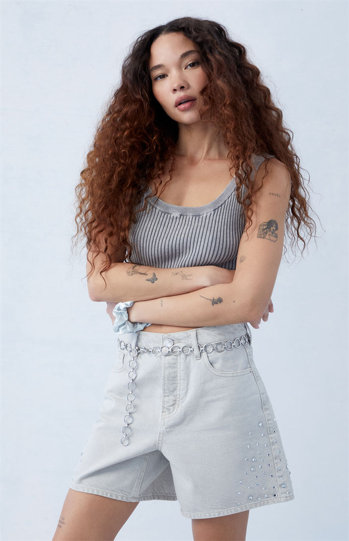 Pacsun Eco Gray Rhinestone High Waisted Relaxed Jorts | Pacsun