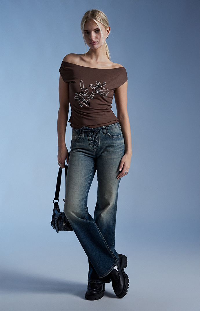 Third Charm Studded Floral Off-The-Shoulder Top | Pacsun
