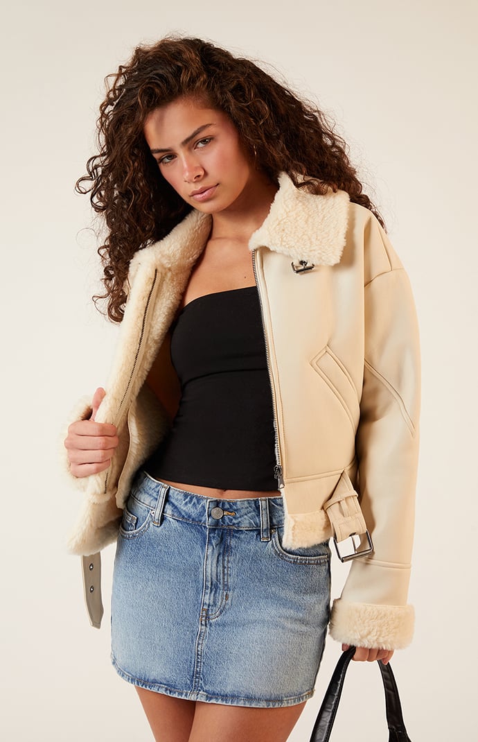 Women s Sherpa Faux Leather Bomber Jacket in Off White Size Xs