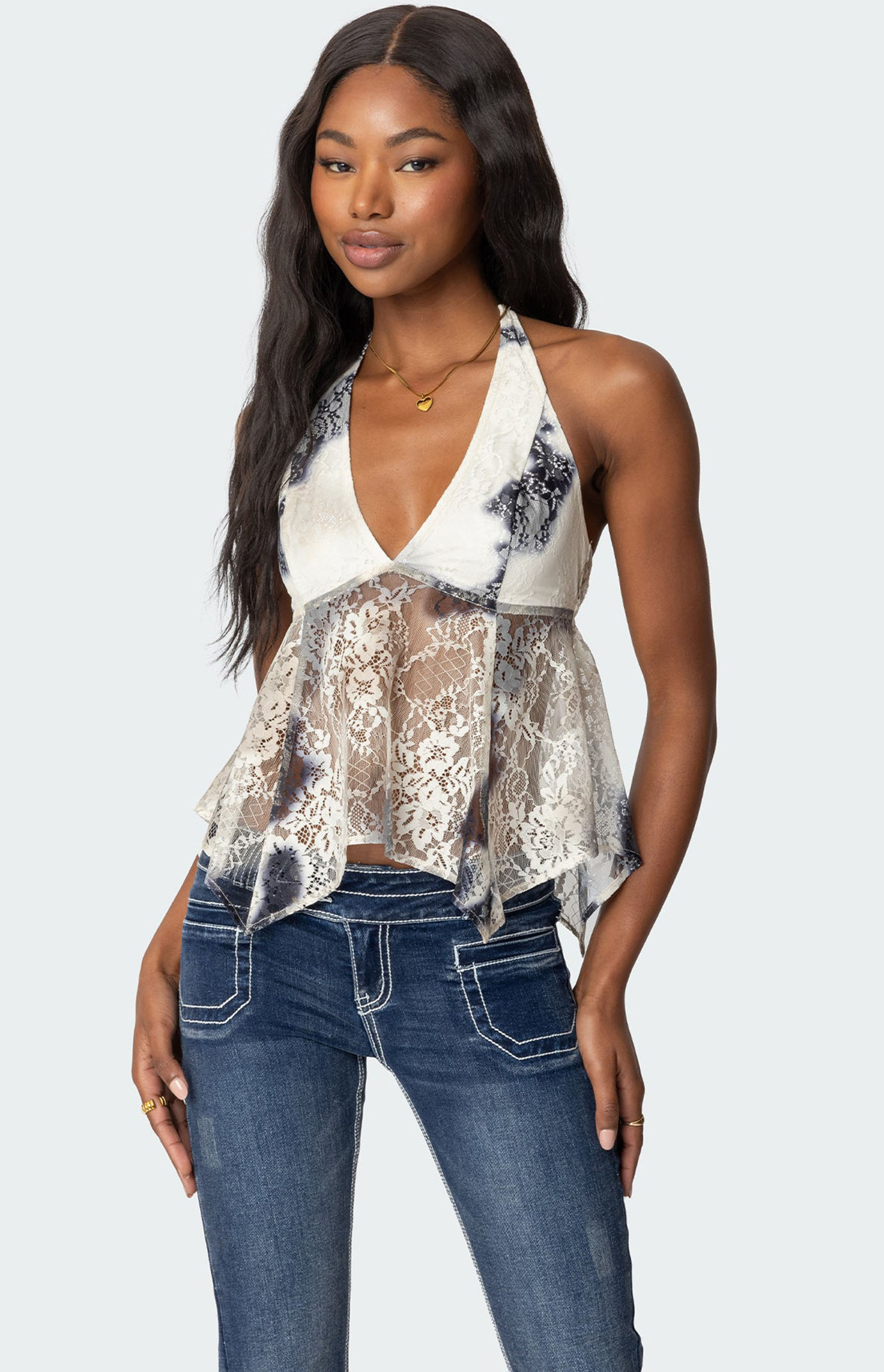 Edikted Asymmetric Printed Lace Halter Top | Pacsun