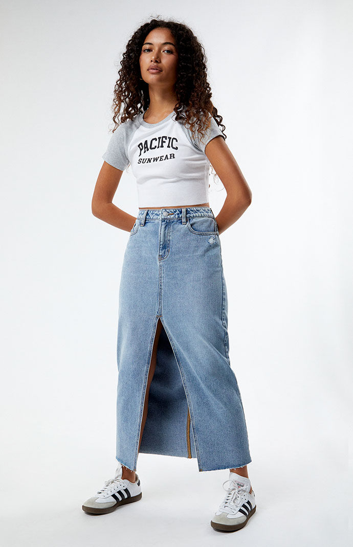 ★ ★ Women's Bleached Indigo Denim Maxi Skirt 47 Westwood Maxi Denim Skirt - Malibu Vintage Indigo – Triarchy