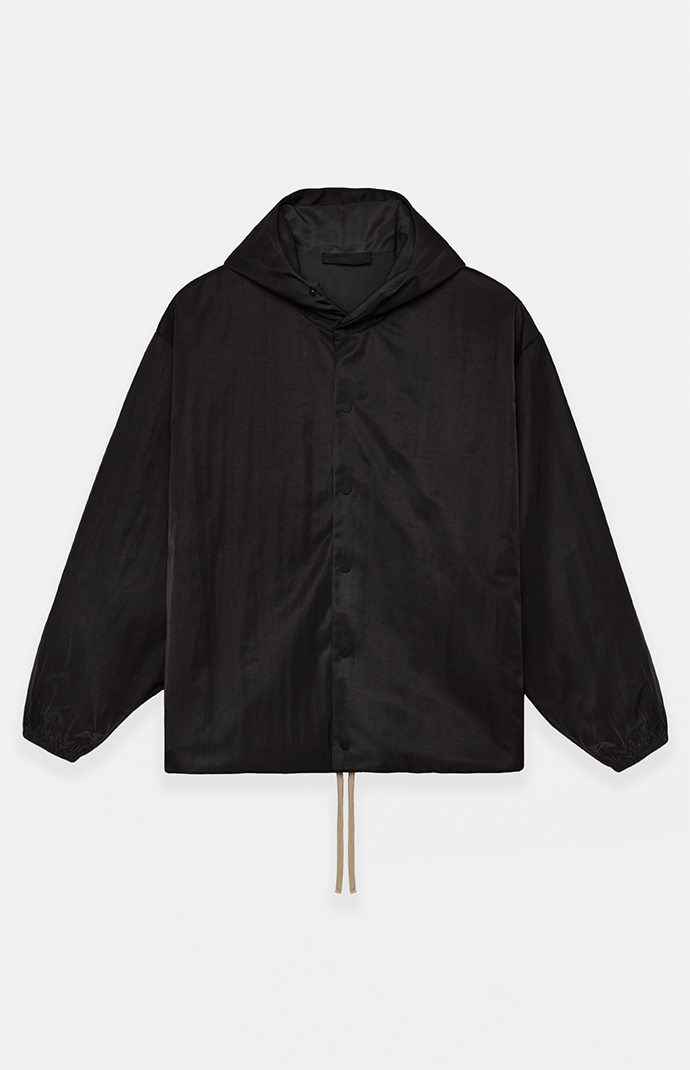 Fear of God Essentials Black Textured Nylon Hooded Jacket | PacSun