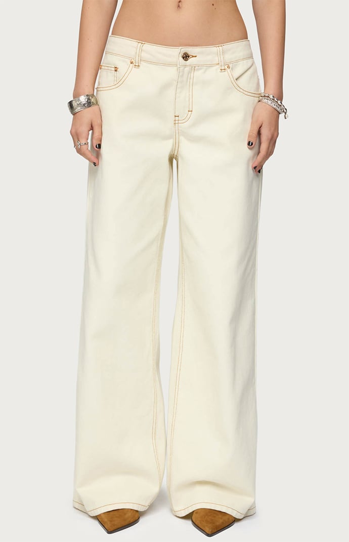 【BOK PLACE】White stitch cool tone long wide denim pants EDIKTED Super Wide Contrast Stitch Low Rise Jeans - DARK