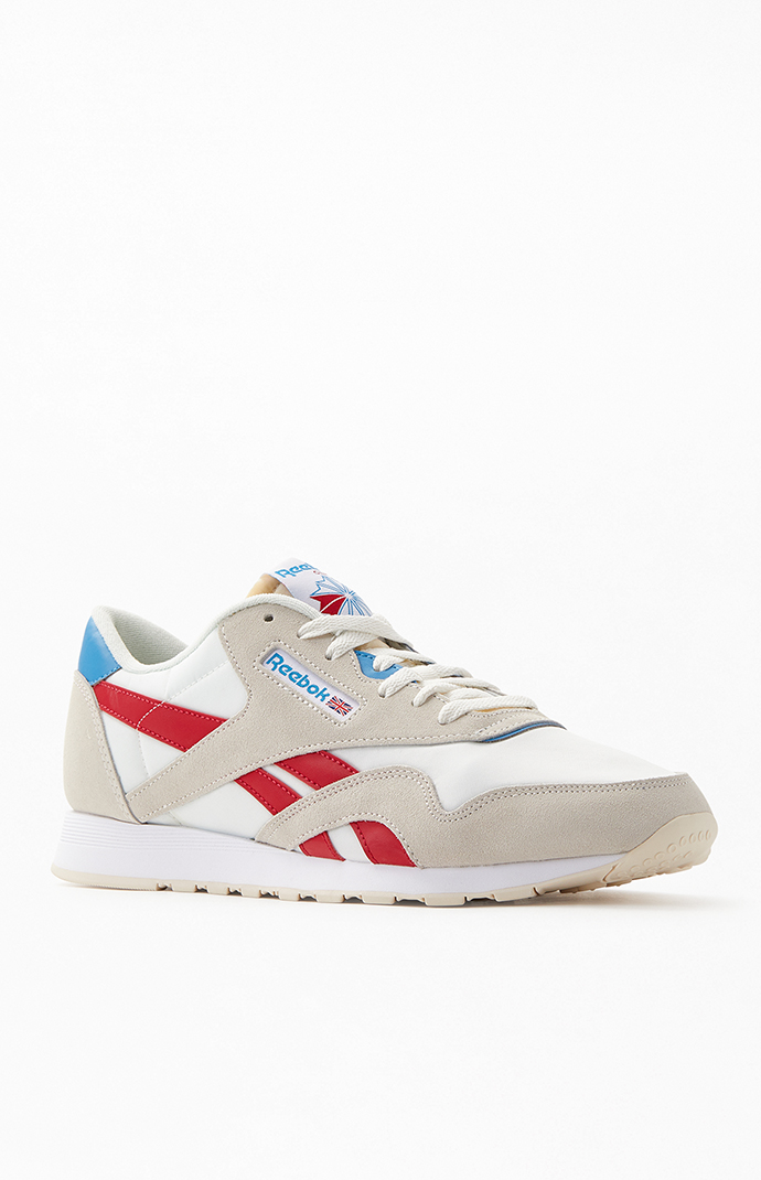 red white and blue reebok classics