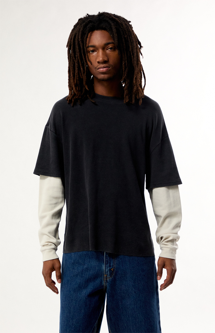 Pacsun Black Waffle Knit 2Fer Layered Long Sleeve T-Shirt | Pacsun
