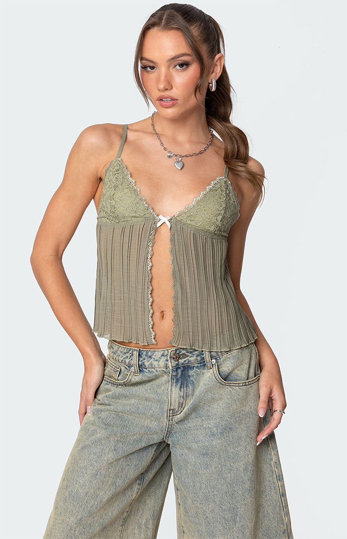 トップス Plage lacy tops Edikted Pleated Lacey Split Front Tank Top | PacSun