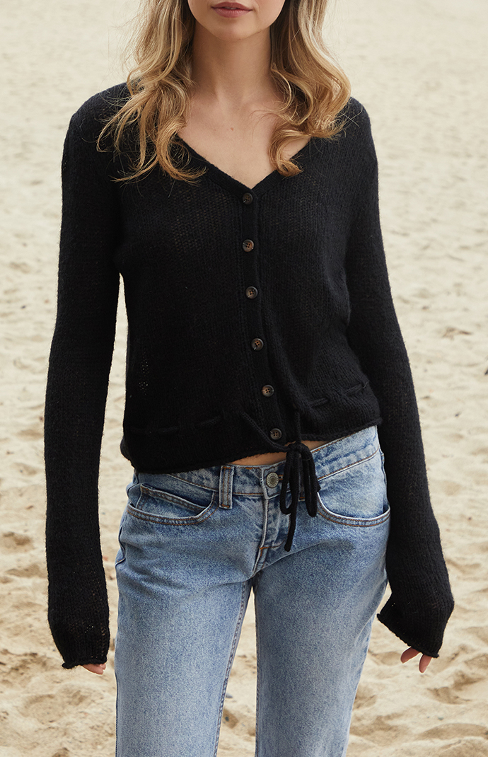 ダウンジャケット・コート +DEINET+ ONE BUTTON KNIT LONG CARDIGAN IN BLACK KDBBC4S3311 EIMIN Women's 3/4 Sleeve V-Neck Button Down Stretch Knit