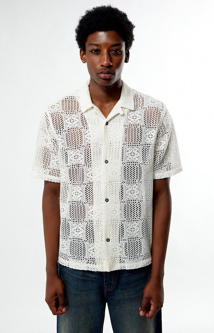 pacsun knit resort shirts パクサン　ニットシャツ Pacsun Cream Open Knit Oversized Resort Camp Shirt | Pacsun