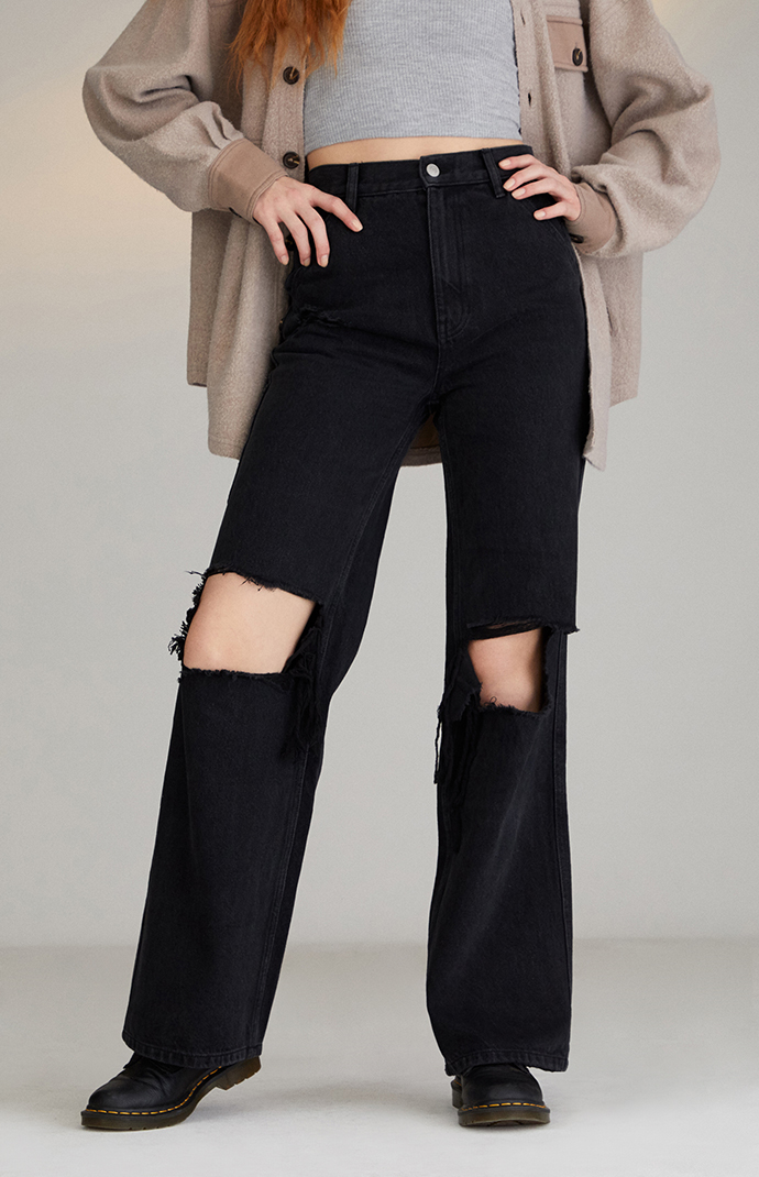 Pacsun Black Distressed Ultra High Waisted Flare Carpenter