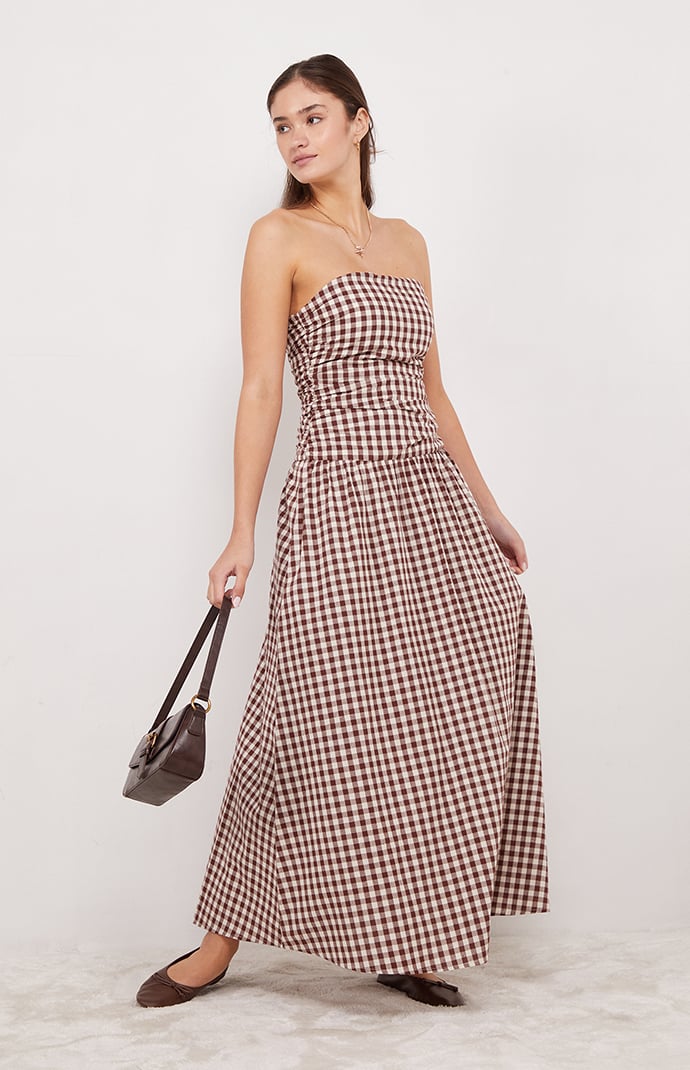 gingham strapless drop waist maxi dress in pink Gingham Strapless Drop Waist Maxi Dress in Pink