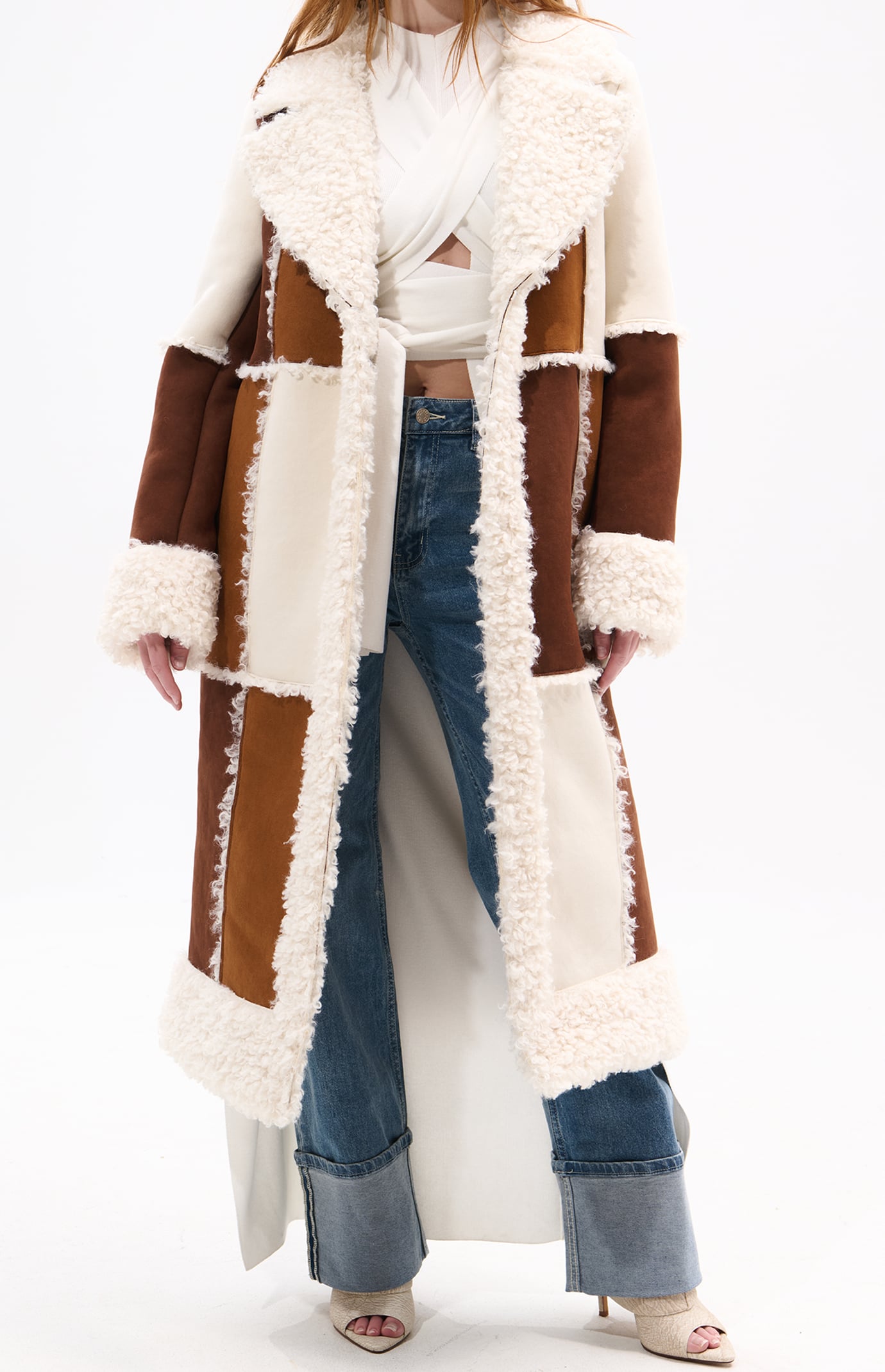 AZALEA WANG Telluride Tan Faux Fur Patchwork Shearling Coat | Pacsun