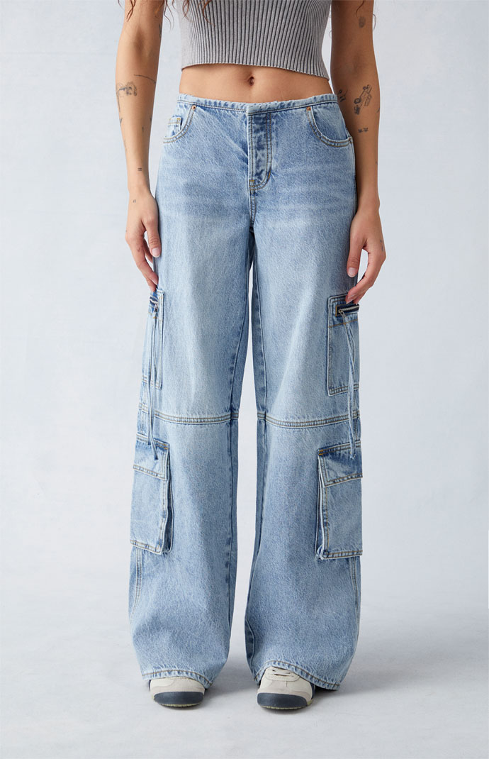 Pacsun light indigo denim cargo joggers sale