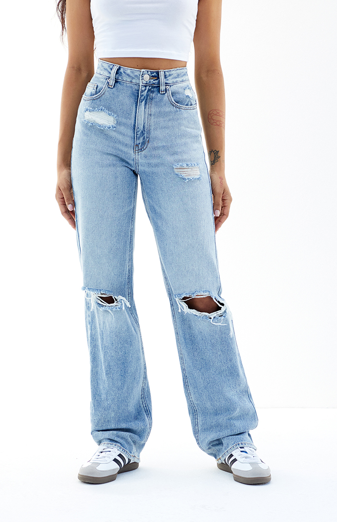 Women's Light Blue Ripped Boyfriend Jeans in Medium Indigo - Size 27