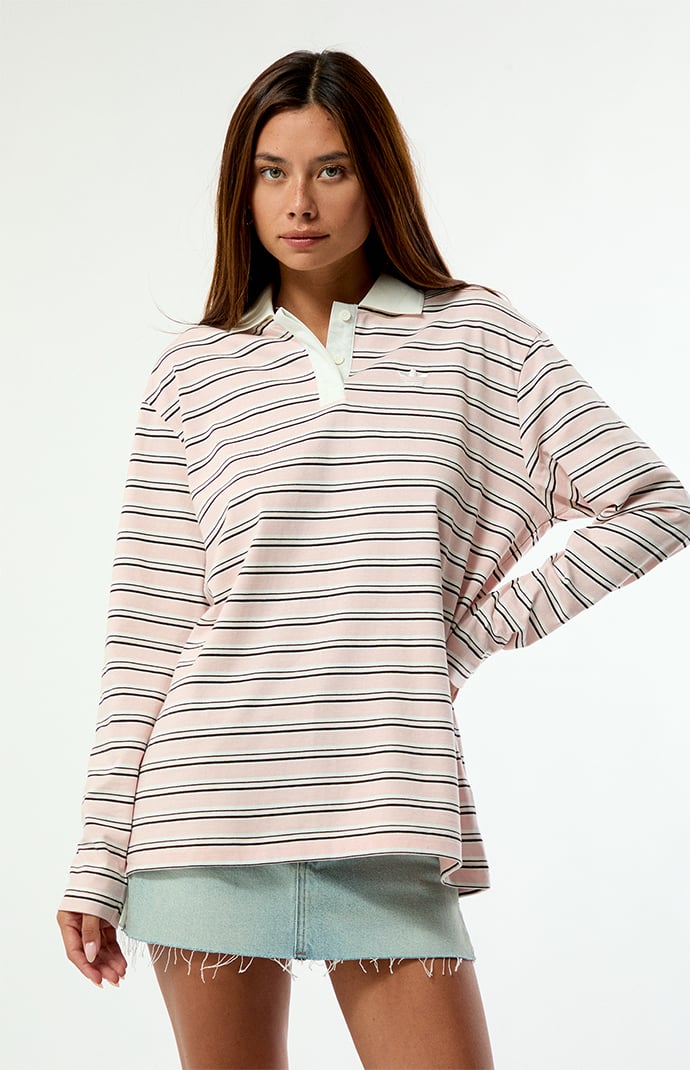 adidas Striped Long Sleeve Oversized Polo Shirt | Pacsun