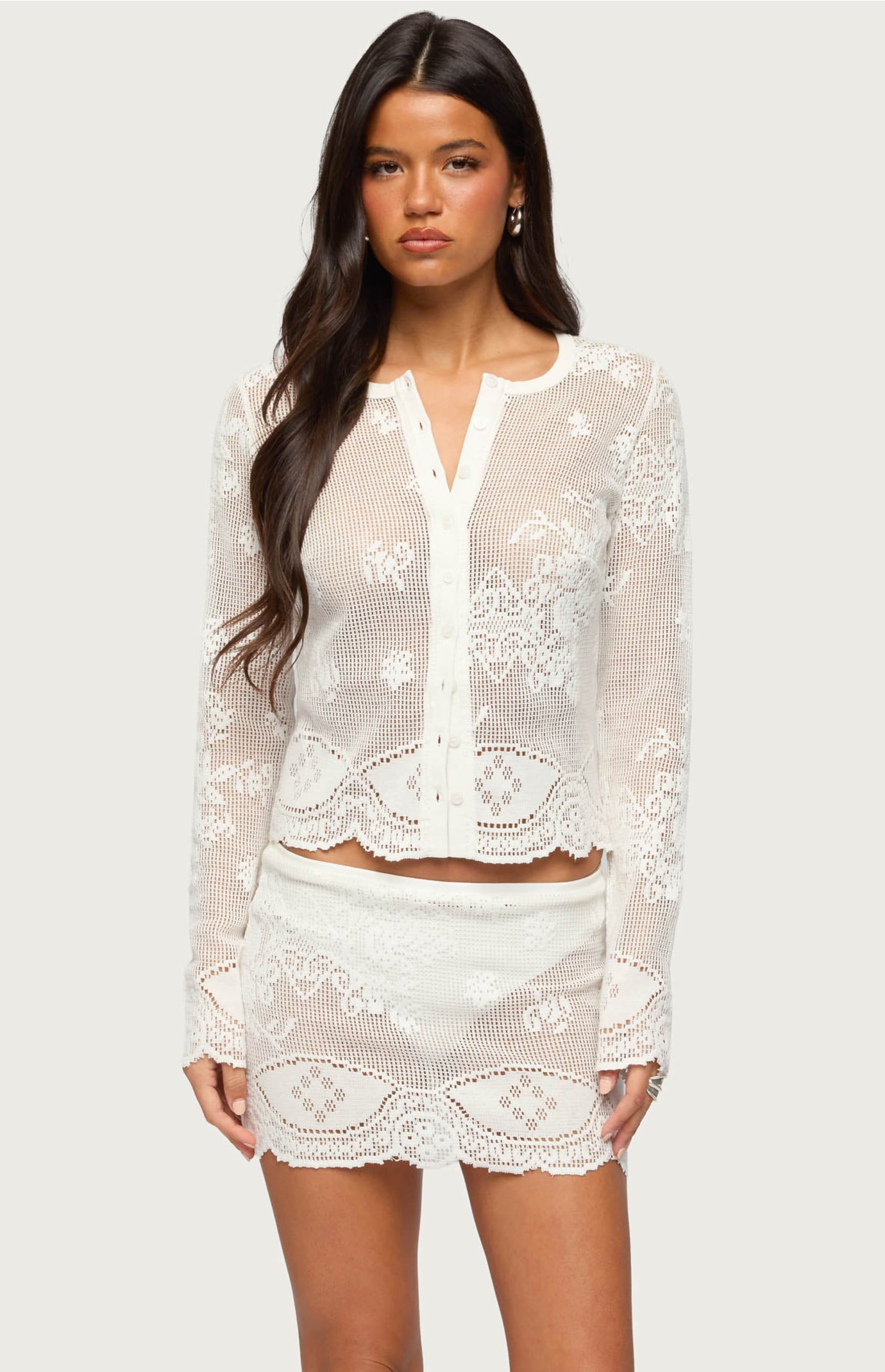 Edikted Rusa Button Up Sheer Crochet Top | Pacsun