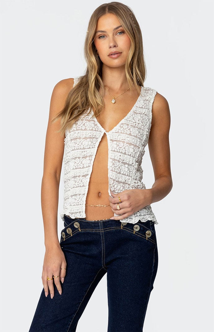 Edikted Evolet Sheer Lace Split Front Top | Pacsun