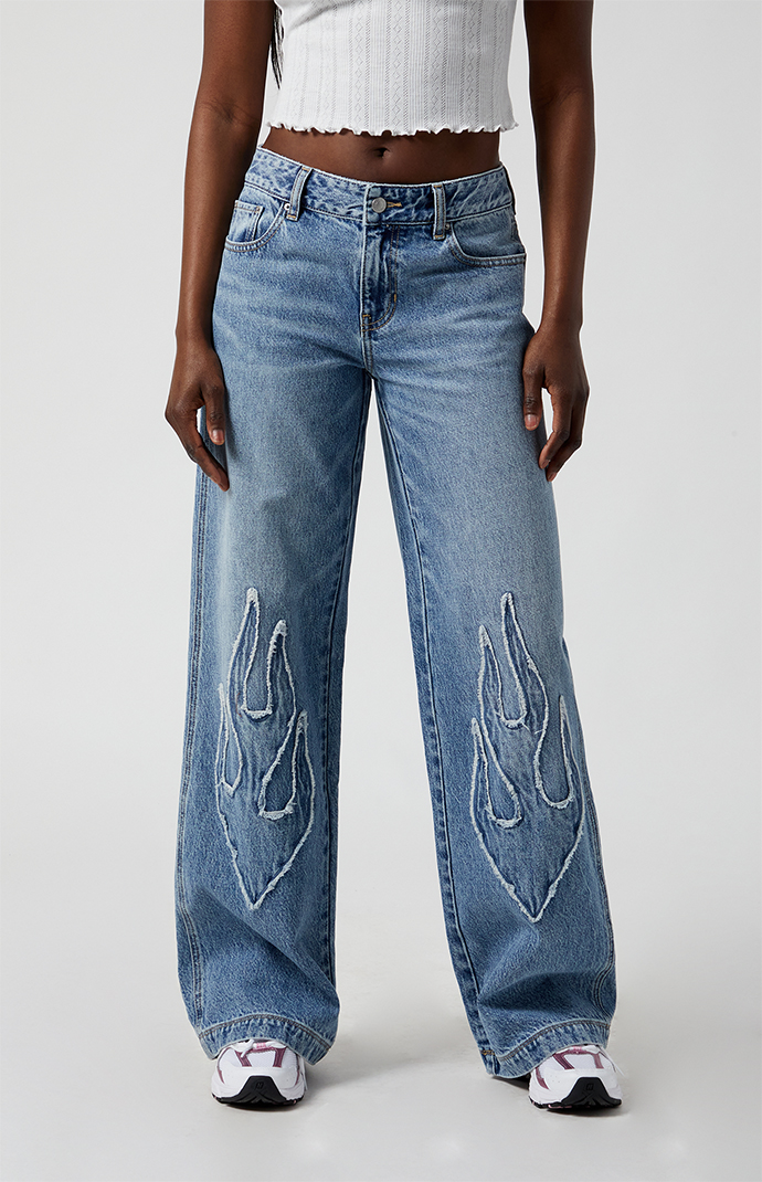 Pacsun Casey Low Rise Baggy Jeans Frayed Flame Patch Medium Indigo