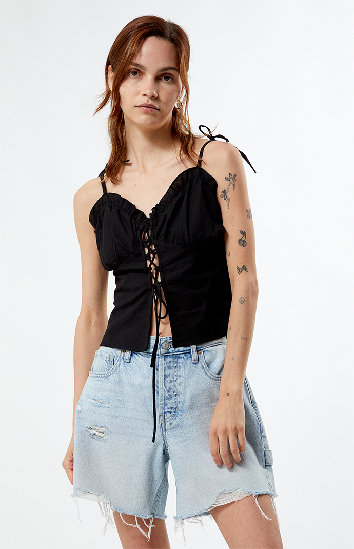 Daisy Street Linen Lace Up Ruched Top | Pacsun