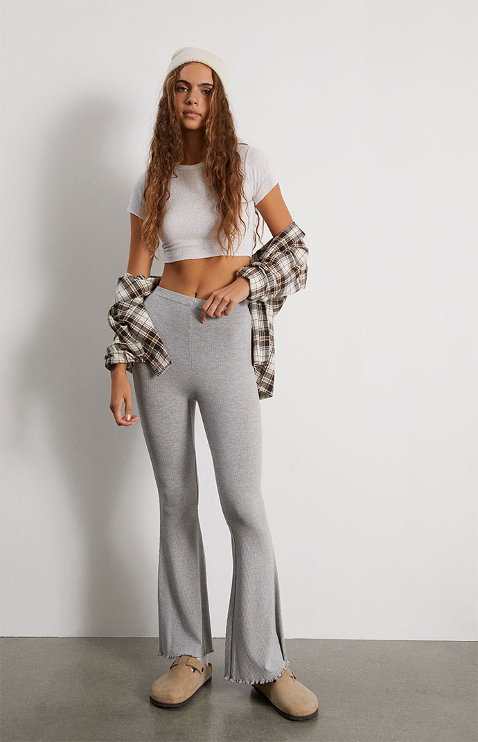 Miss Selfridge Cozy Ribbed Flare Pants in charcoal-Gray