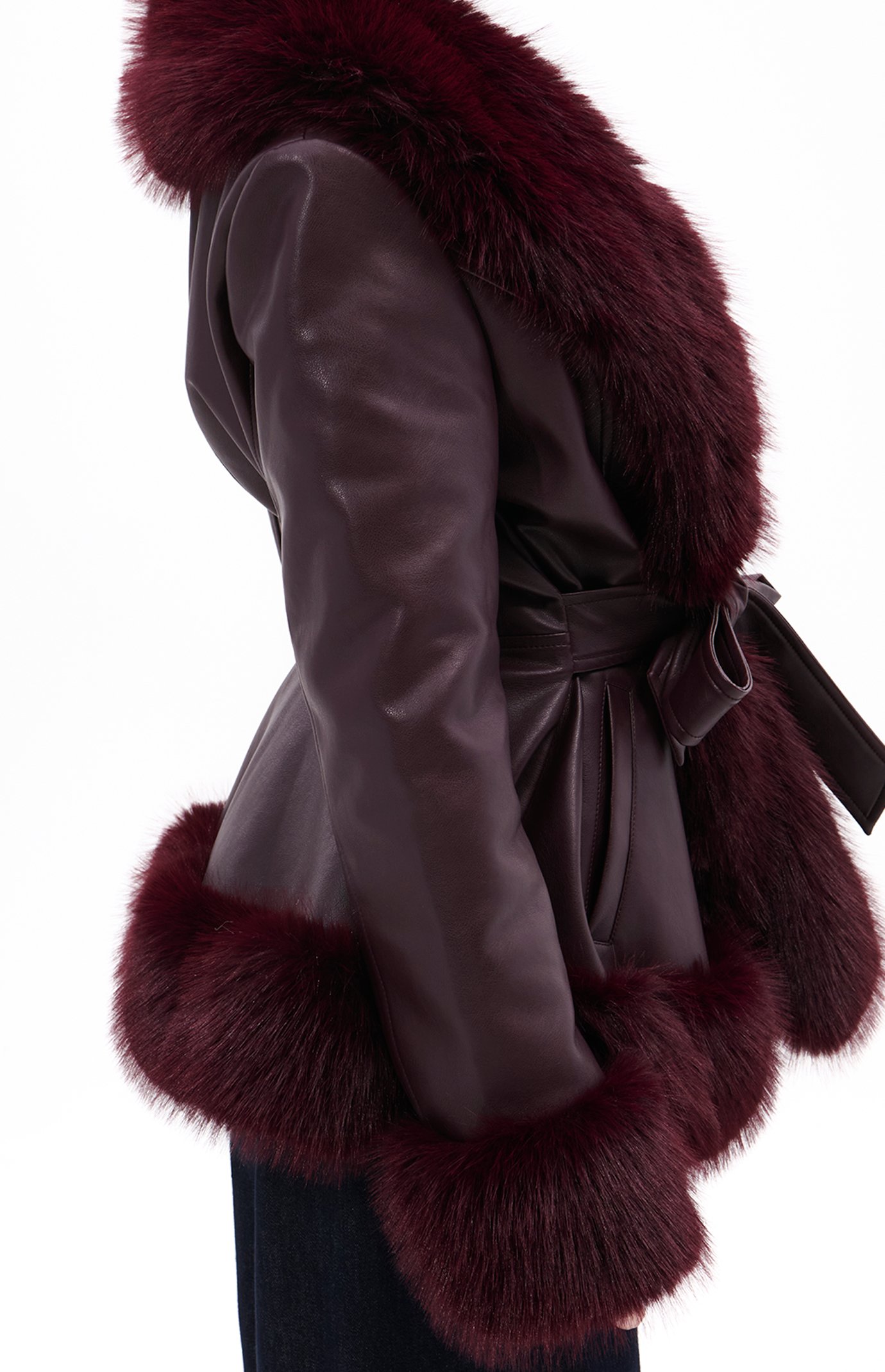 AZALEA WANG Kenzy Burgundy Faux Leather & Fur Belted Coat | PacSun