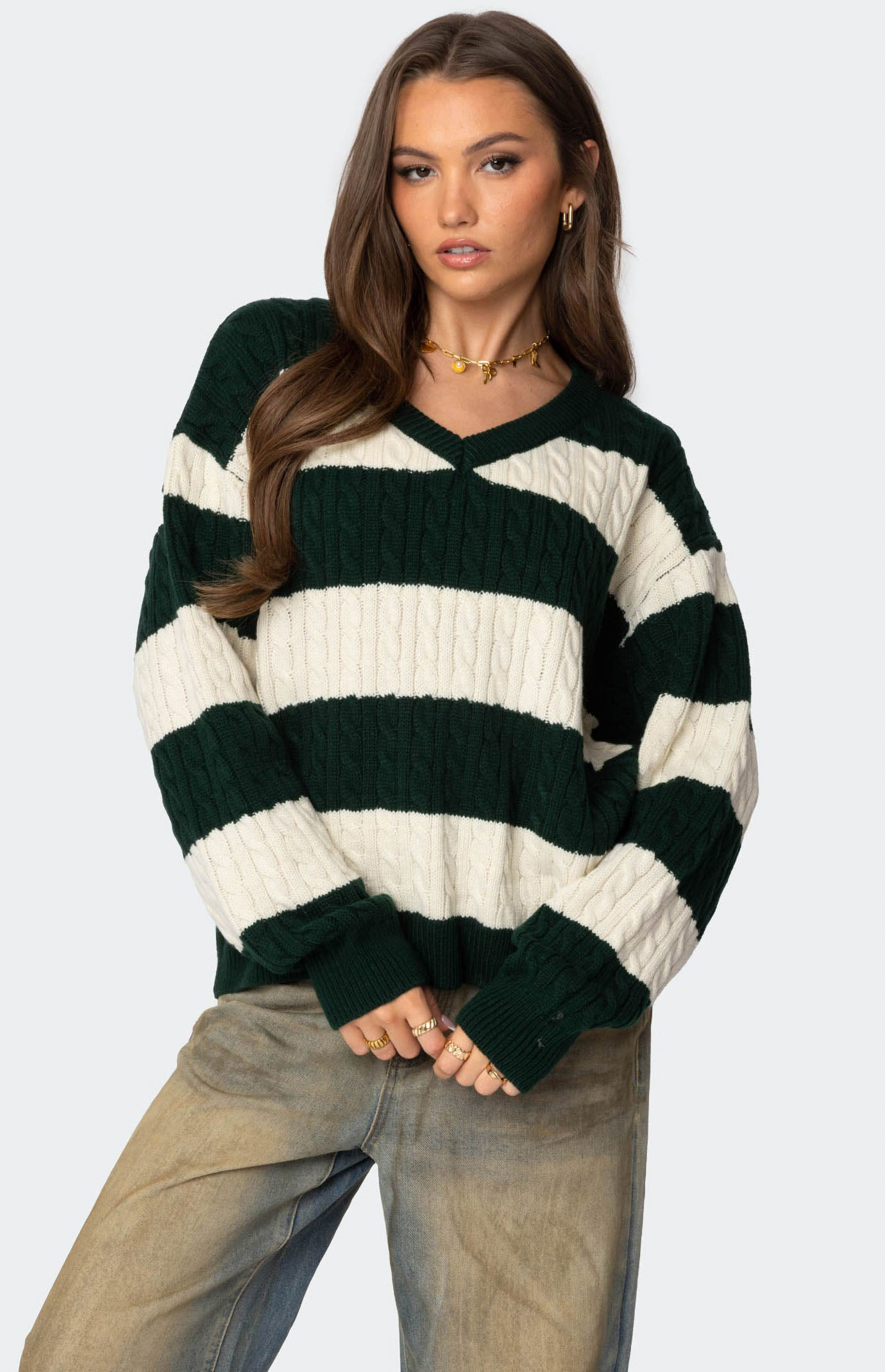 Edikted Oversized Striped Cable Knit Sweater | PacSun