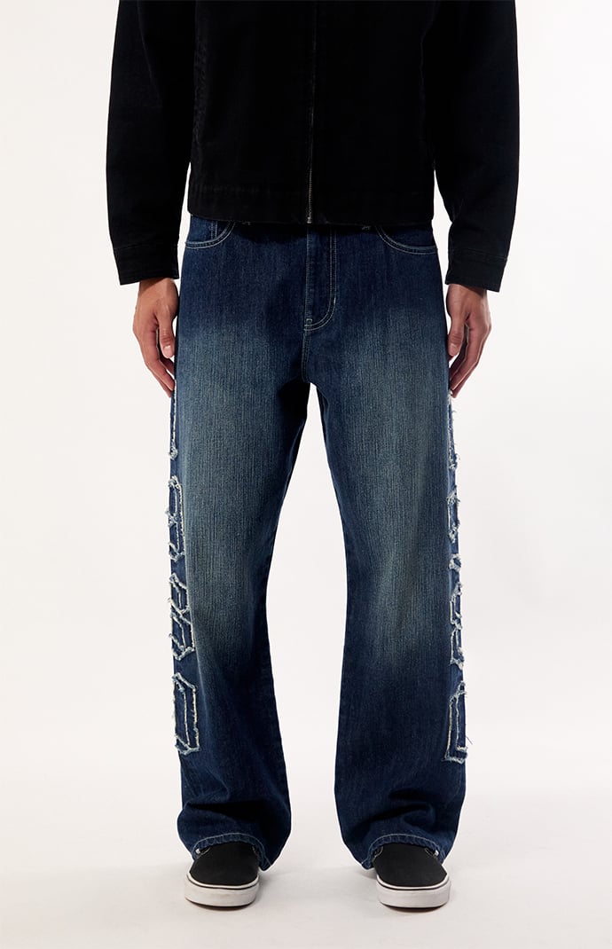 Pacsun Dylan Baggy Jeans Frayed 1980 Applique Dark Blue | Pacsun