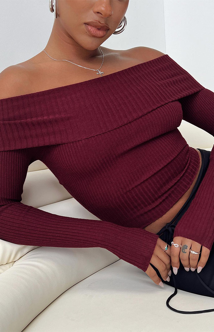 Burgundy off the shoulder sweater online