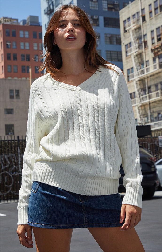 John Galt White Cable Knit V Neck Sweater PacSun