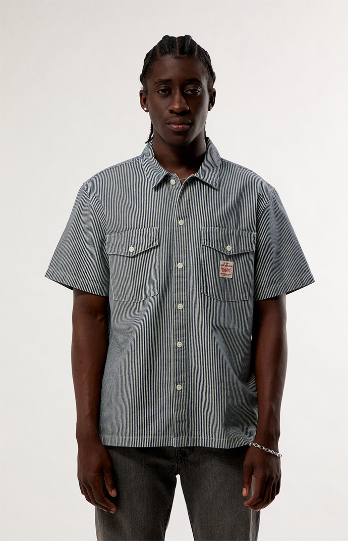 striped short sleeve dress shirt Amazon.com: GORGLITTER Men's Striped Boxy Copped Shirt Pocket Patched Button  Up Short Sleeve Baggy Cropped Tops Blue Small : Clothing, Shoes & Jewelry