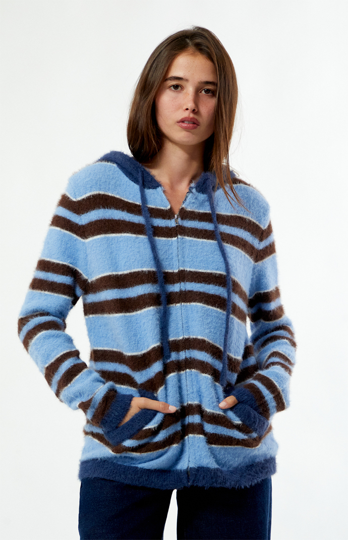 Daisy Street Striped Fluffy Knit Zip Up Hooded Sweater | Pacsun