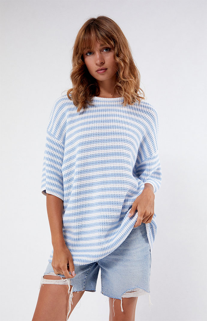 【SATIIIZ】Pisen Stripe Round Knit Rhythm Corsica Striped Knit Oversized Sweater | PacSun