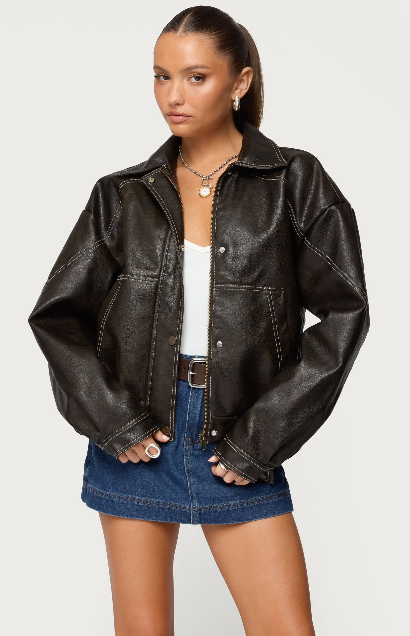 Edikted Jaxson Oversized Faux Leather Bomber Jacket | Pacsun