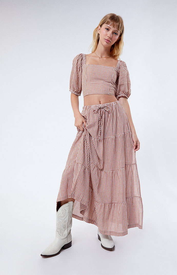 Rhythm Lola Gingham Tiered Midi Skirt PacSun