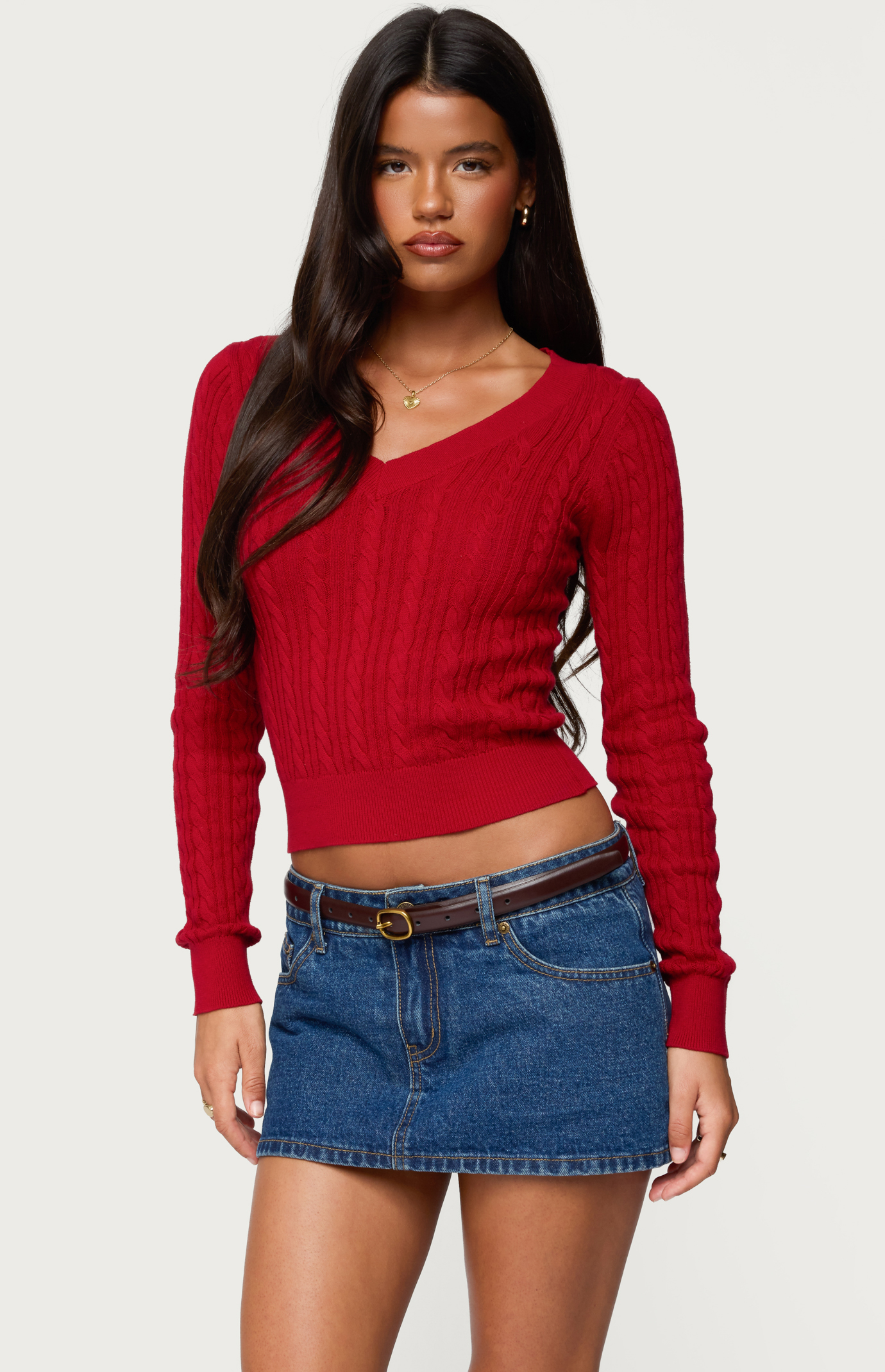Edikted Ashlee V Neck Cable Knit Top | PacSun